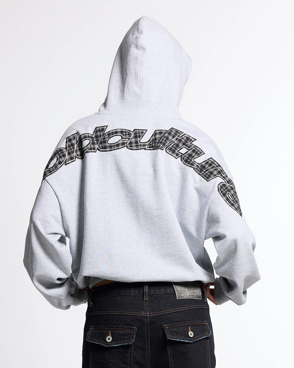 TARTAN DISTRESS CURVED HOODIE HEATHER GREY